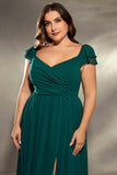 Plus Size Dark Green V Neck Ruffle Sleeves Maxi Dress with Slit