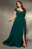 Plus Size Dark Green V Neck Ruffle Sleeves Maxi Dress with Slit