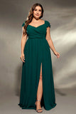 Plus Size Dark Green V Neck Ruffle Sleeves Maxi Dress with Slit