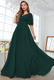 Dark Green Solid Butterfly Sleeve Chiffon A Line V Neck Maxi Dress