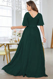 Dark Green Solid Butterfly Sleeve Chiffon A Line V Neck Maxi Dress