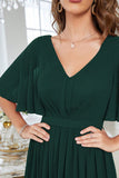 Dark Green Solid Butterfly Sleeve Chiffon A Line V Neck Maxi Dress