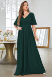 Dark Green Solid Butterfly Sleeve Chiffon A Line V Neck Maxi Dress