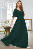 Dark Green Solid Butterfly Sleeve Chiffon A Line V Neck Maxi Dress