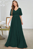 Dark Green Solid Butterfly Sleeve Chiffon A Line V Neck Maxi Dress