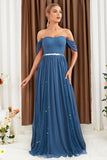 Grey Blue Sparkly Beading Chiffon A Line Off the Shoulder Pleated Maxi Dress