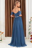 Grey Blue Sparkly Beading Chiffon A Line Off the Shoulder Pleated Maxi Dress