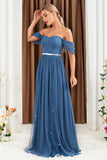 Grey Blue Sparkly Beading Chiffon A Line Off the Shoulder Pleated Maxi Dress