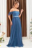 Grey Blue Sparkly Beading Chiffon A Line Off the Shoulder Pleated Maxi Dress