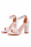 White Open Toe Pearl Lace Chunky Wedding Sandals