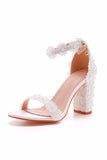 White Open Toe Pearl Lace Chunky Wedding Sandals