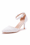 White Pointed Toe Lace Ankle Strap Wedding Shoes