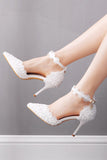 White Pointed Toe Lace Ankle Strap Wedding Shoes