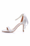 White Open Toe Strap Bow Ribbon Pearl Ankle Wedding Shoes