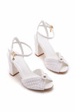 Pearl White Open Toe Ankle Strap Chunky Wedding Shoes