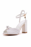 Pearl White Open Toe Ankle Strap Chunky Wedding Shoes