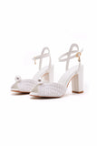 Pearl White Open Toe Ankle Strap Chunky Wedding Shoes