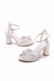 Pearl White Open Toe Ankle Strap Chunky Wedding Shoes