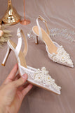 White Stiletto Lace Pearl Back Ankle Buckle Wedding Shoes