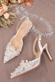 White Stiletto Lace Pearl Back Ankle Buckle Wedding Shoes