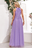 Sparkly Purple A Line Halter Sequins Tulle Pleated Maxi Dress