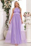 Sparkly Purple A Line Halter Sequins Tulle Pleated Maxi Dress