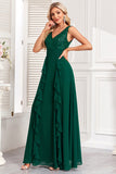 Sparkly Dark Green A Line V Neck Sequins Maxi Dress with Ruffles