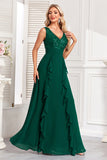 Sparkly Dark Green A Line V Neck Sequins Maxi Dress with Ruffles