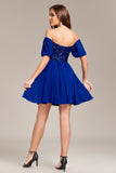 Sparkly Royal Blue A Line Off the Shoulder Sequins Pleated Mini Dress