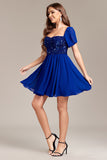 Sparkly Royal Blue A Line Off the Shoulder Sequins Pleated Mini Dress