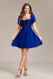 Sparkly Royal Blue A Line Off the Shoulder Sequins Pleated Mini Dress