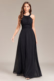 Black A Line Halter Open Back Chiffon Maxi Dress