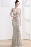 Sparkly Silver Mermaid V Neck Backless Maxi Dress