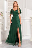 Dark Green A Line Spaghetti Straps Maxi Dress with Slit