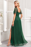 Dark Green A Line Spaghetti Straps Maxi Dress with Slit