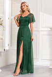 Dark Green A Line Spaghetti Straps Maxi Dress with Slit