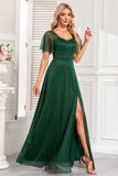 Dark Green A Line Spaghetti Straps Maxi Dress with Slit