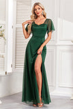 Dark Green A Line Spaghetti Straps Maxi Dress with Slit