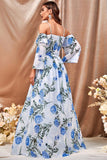 White Blue Flower A Line Maxi Dress with Ruffled Sleeves