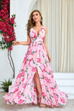 Pink Flower Print Pleated A Line Maxi Dress with Slit