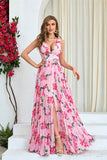 Pink Flower Print Pleated A Line Maxi Dress with Slit