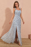 Silver Grey A Line Floral Embroidery Maxi Dress with Slit