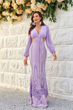 Purple Cut Out Sequins Long Sleeves Maxi Dress with Lace-up Back