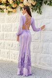 Purple Cut Out Sequins Long Sleeves Maxi Dress with Lace-up Back