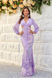 Purple Cut Out Sequins Long Sleeves Maxi Dress with Lace-up Back