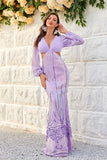 Purple Cut Out Sequins Long Sleeves Maxi Dress with Lace-up Back