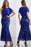 Sparkly Royal Blue Batwing Sleeves Mermaid Maxi Dress