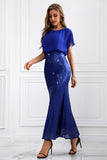 Sparkly Royal Blue Batwing Sleeves Mermaid Maxi Dress