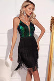 Sparkly Green Black Fringed Sequins Mini Dress