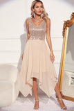 Sparkly Apricot A Line V Neck Chiffon Asymmetrical Cocktail Dress